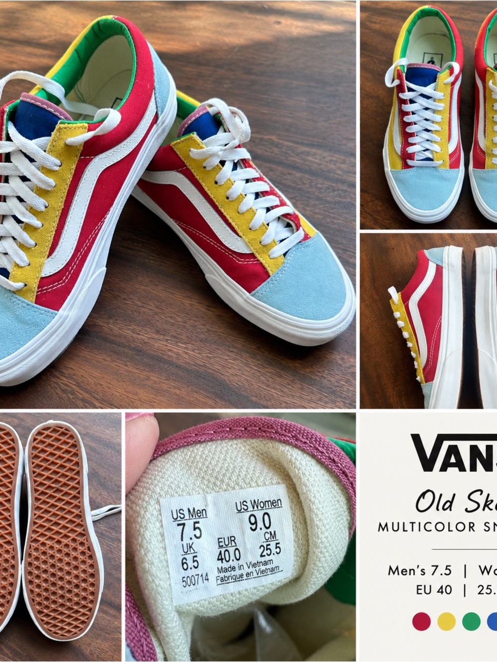 Vans Old Skool Multicolor Sneakers Red Yellow Blue Men’s 7.5 Women’s 9